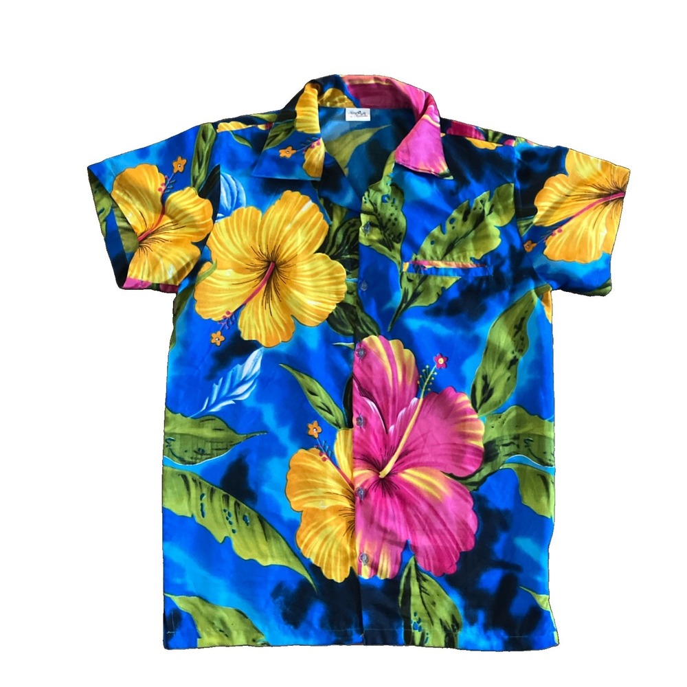 King Kameha Hawaiian Shirt Men Small Blue Yellow Floral Button-Up